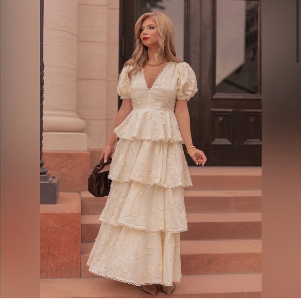 JessaKae Cream Sloane Puff Sleeve Tiered Cotton Floral Maxi Dress